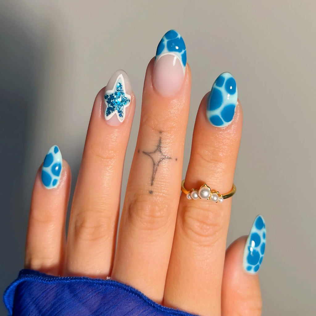 Blue Nails Press on Almond Medium Fake Nails Star Bling Glue on Nails French Tip Acrylic Nails 24Pcs Stiletto Stick on Nails